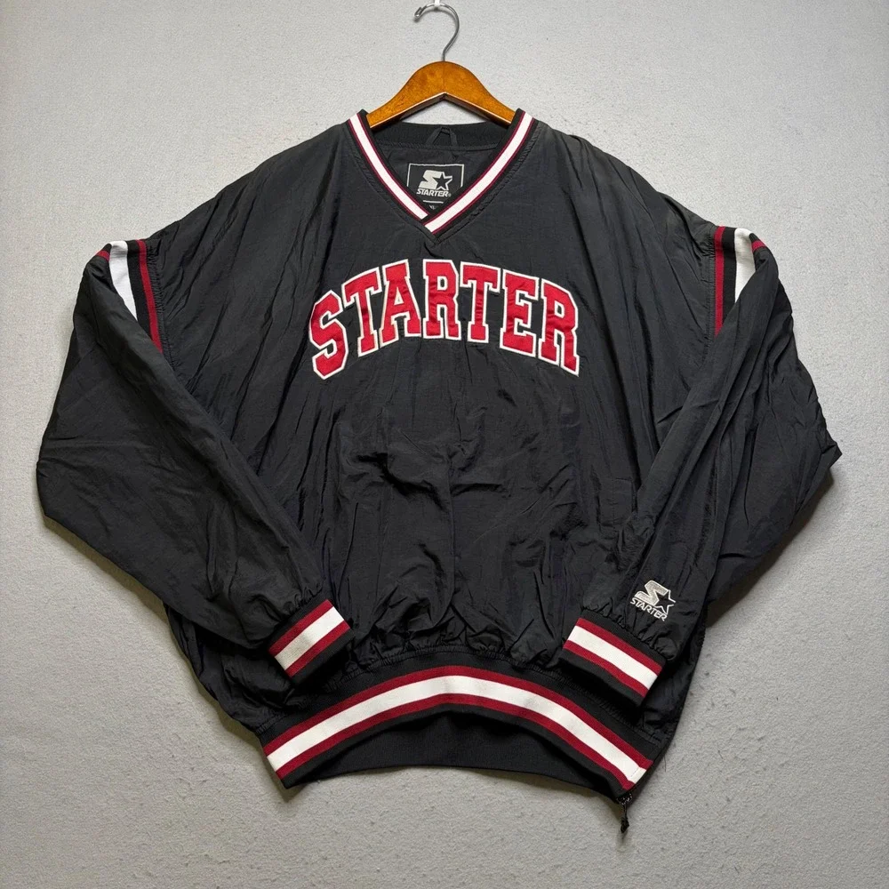 Starter Windbreaker Pullover Mens XL Black Vintage 90s V-Neck Embroidered Logo